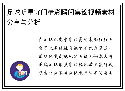 足球明星守门精彩瞬间集锦视频素材分享与分析